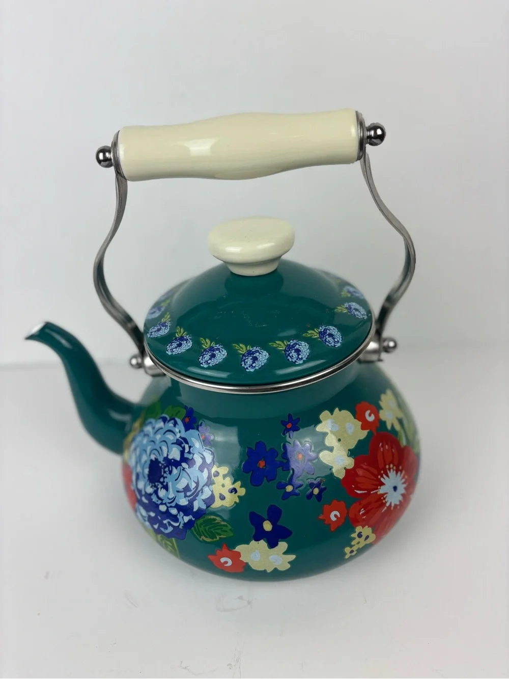 Pioneer Woman Teal Floral Enamel Tea Kettle-EUC-RARE color!